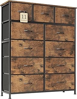 FlrrtenvChest of Drawer with 11 Drawers, Modern Bedroom Cabinte, Fabric Drawers with Wooden Top, Sturdy Metal Frame, Tall Rustic Brown Hallway Storage Unit