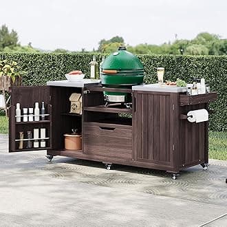 Quarte 66.5" Outdoor Kitchen Island for Big Green Egg Grills, Solid Wood Outdoor Grill Cart for Tabletop Grill with Stainless Steel Top, Drawer, Family Barbecue Outdoor Gathering (Brown3)