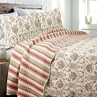 French Medallion Beige Burgundy Red Rose Flower Pattern Printed 100% Cotton Bedding Quilt Set Reversible Coverlet (Burgundy Red, Queen - 3 Piece)