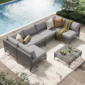 U-MAX 7-Piece Patio Furniture Set with Tea Table, Boho Outdoor Furniture Set Sectional Sofa Wicker Conversation Set Grey Rattan&Light Grey