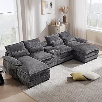 U Shaped Modular Sectional Sofa, 124.8" Cloud Couch for Living Room, Grey Fluffy Chenille Couch with Console Cupholders and USB Port Comfy Sofas for Apartment Studio Office