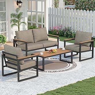 Patio Furniture Set, 4 Pieces Outdoor Patio Furniture with Coffee Table Set, Metal Patio Conversation Sets with Washable and High-Resiliency Sponge Cushions,Coffee