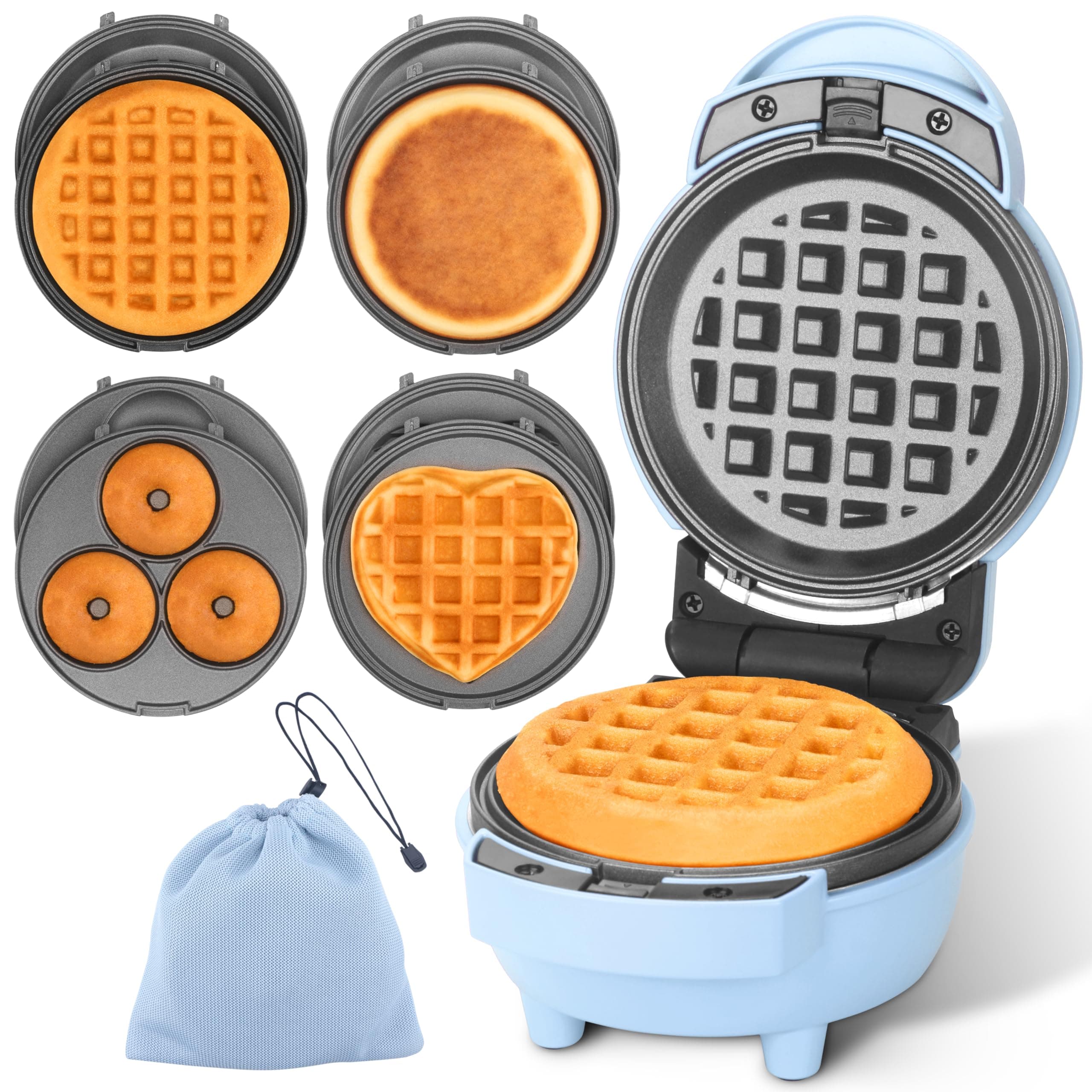 Baker's Friend 4 in 1 Mini Waffle Maker with Removable Plates, Set Includes Mini Pancake, Donut, Heart Shape Waffle Makers, Compact Size, Recipe Included, Blue