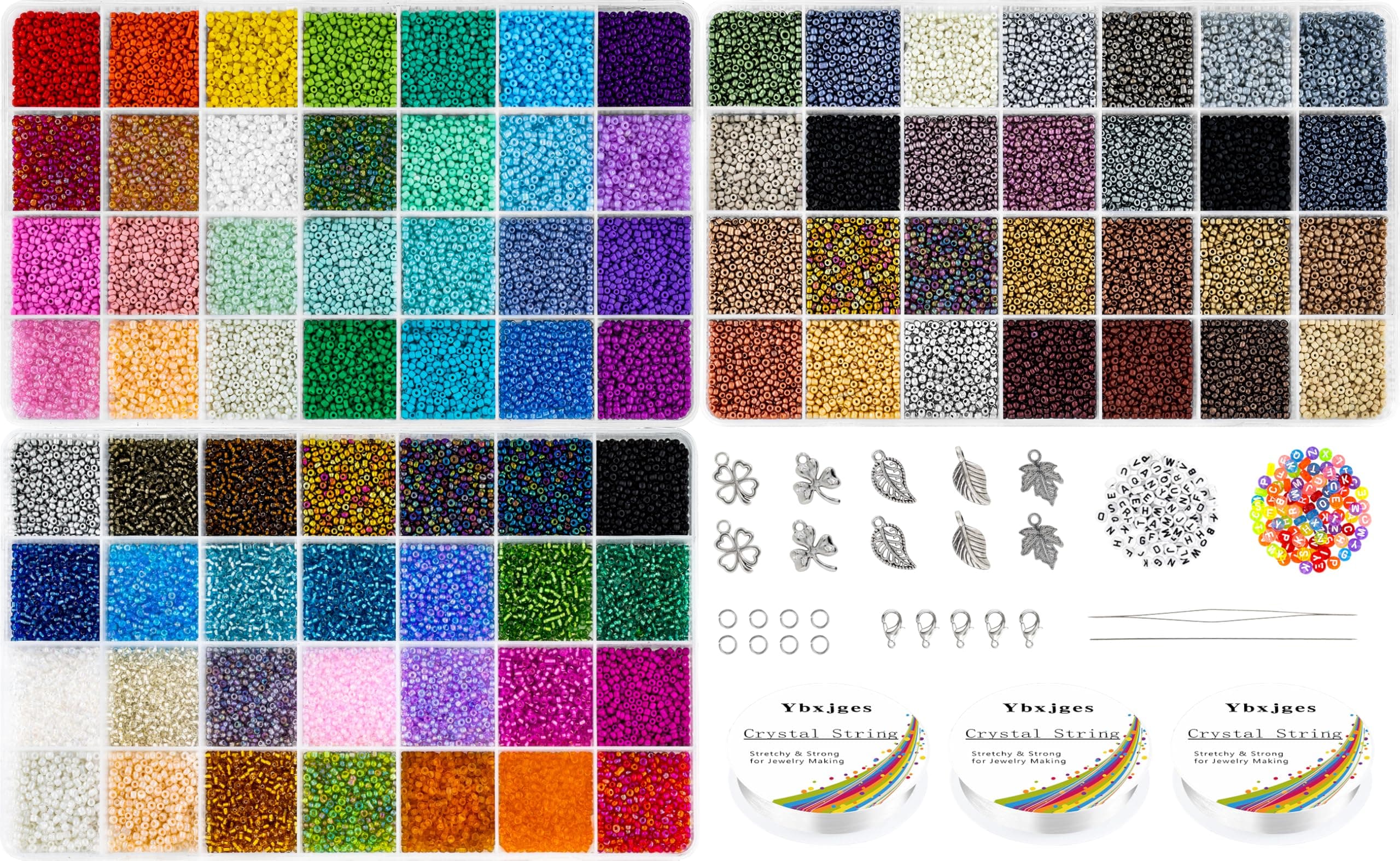 42000Pcs 2mm Glass Seed Beads 12/0 Small Tiny Beads Kit with 150Pcs Alphabet Letter Beads Pendants Charms Jump Ring Elastic String for DIY Bracelets Necklace Jewelry Making Supplies