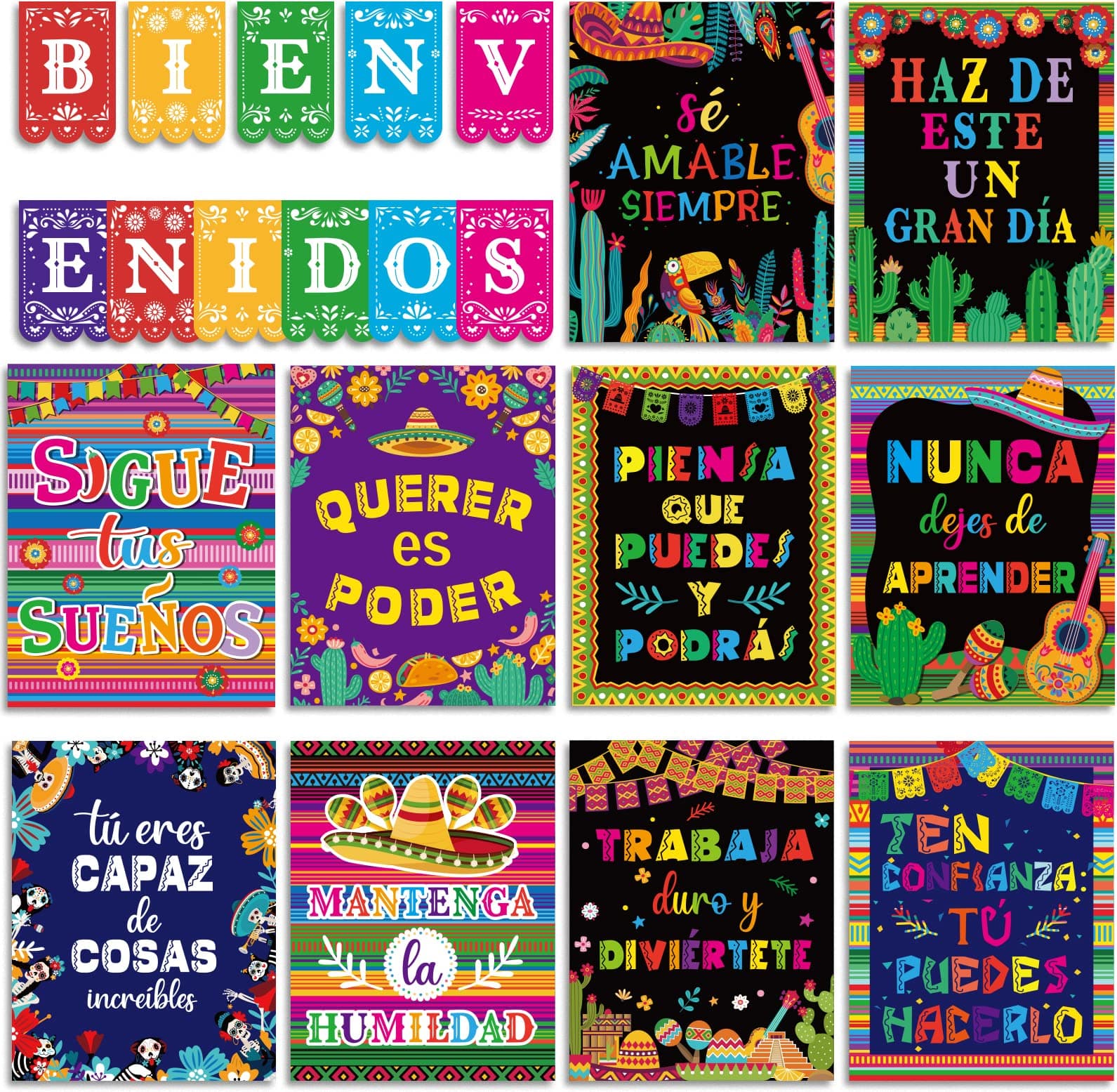 21 Pieces Bienvenidos Inspirational Spanish Posters Hispanic Heritage Month Colourful Spanish Motivational Posters Classroom Bulletin Board Set for Kid Classroom Office Bedroom Wall Art Decor