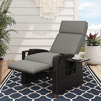 Grand patio Recliner Sun Lounger for Garden, Adjustable Backrest Armchair with Flip Table and Cushion, Rattan Garden Chair Lounge Chair for Yard, Patio, Outdoor - Dark Gray Cushion & Brown Wicker