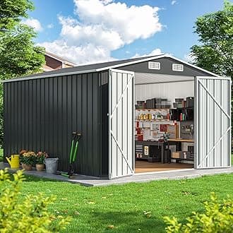 12x10 FT Outdoor Storage Shed, Metal Garden Tool Shed with Updated Frame Structure and Lockable Doors, Ideal for Backyard Garden Patio Lawn, Grey