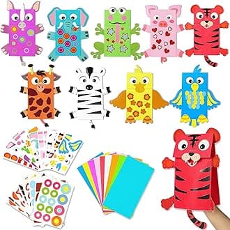 WATINC 9Pack Hand Puppet Art Craft - DIY Making Your Own Paper Sock Puppets Kits Wiggle Googly Eyes, Imaginative Early Learning Classroom Family Storytelling Games Pretend Party Supplies (Animals)