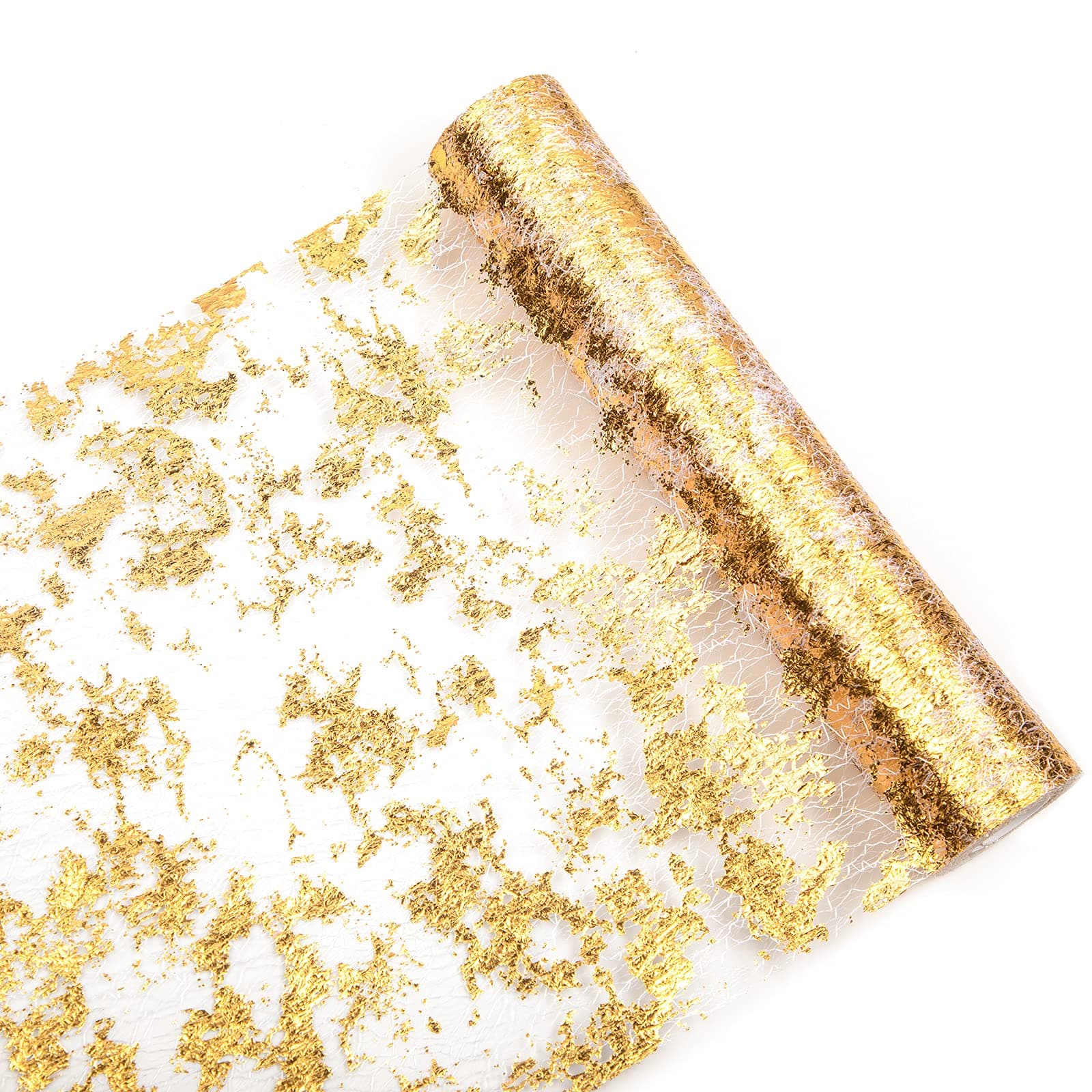 WELTRXE Gold Table Runner, Glitter Metallic Gold Thin Mesh Table Runner Roll 11 Inch x 16 Feet, Event Party Supplies Fabric Table Decorations for Wedding, Bridal Shower, Baby Shower, Birthday Party