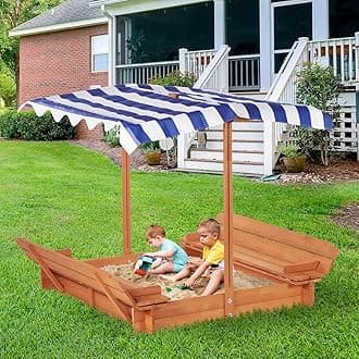 Outdoor Sandbox with Lid for Kids Ages 3 to 8, Wooden Sand Box with Retractable Canopy, Adjustable Benches, Protective Liner, Firm Suqare Border, Sandbox with Cover, Outdoor Playset for Backyard