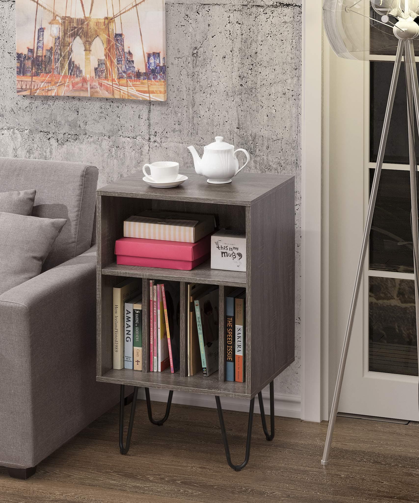 Weathered Grey Finish Turntable Stand, Nightstand, Side End Table, Media Storage, Display Stand, Bookcase 34" H - Mid-Century Style