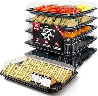6 Pack Sandwich Platter Trays with Lids – Reusable Catering Food Trays for Parties, Buffets, Sushi, Sandwiches, Cake & Meal Prep (34 x 24 x 7.5 cm)