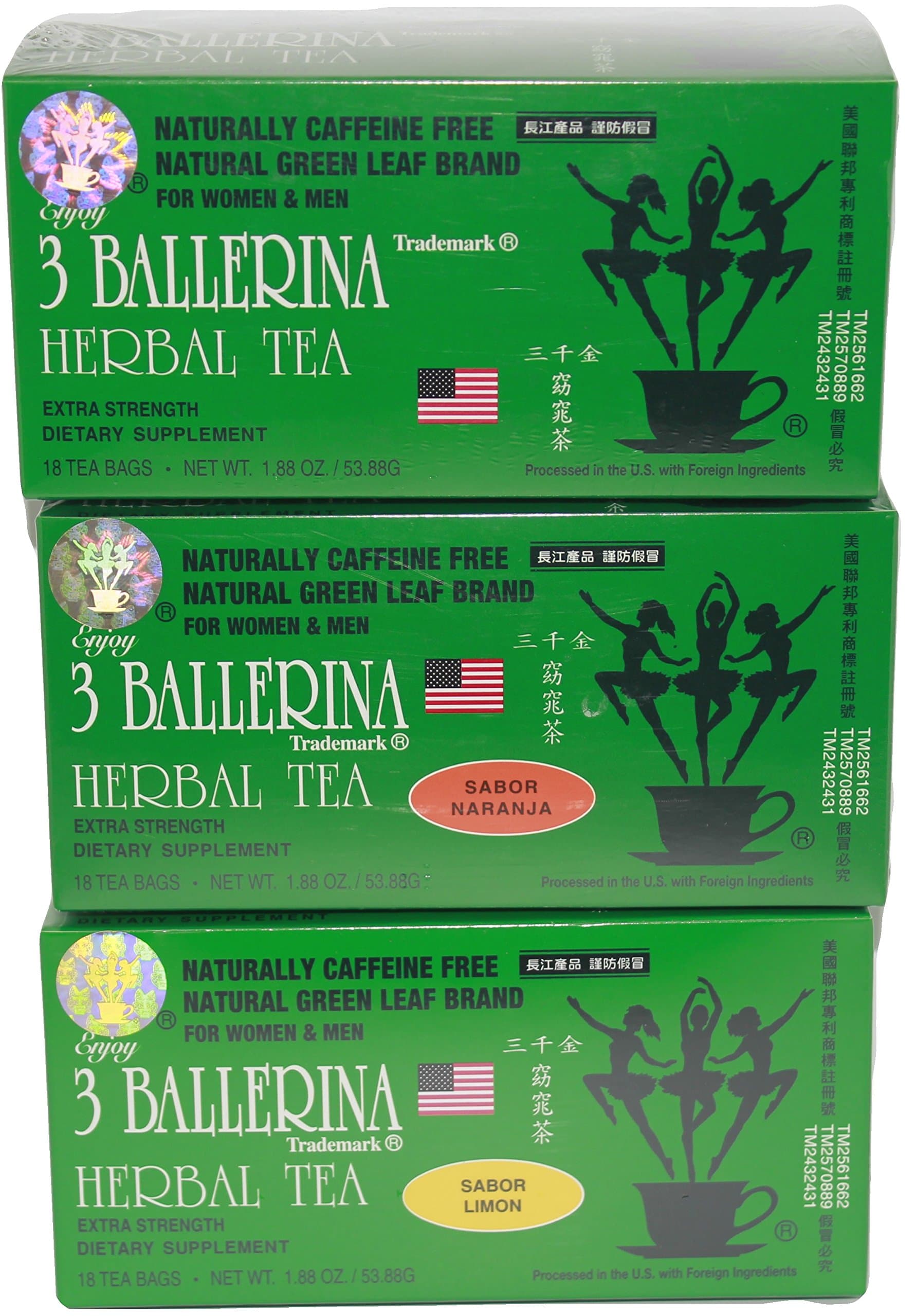 Three Ballerina Tea Extra Strength 3 Flavor Orange Lemon & Regular (18 Ct) Per Box