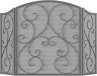 Fireplace Screen 3 Panel Wrought Iron Metal 48"(L) x30(H) Spark Guard Cover(Pewter)