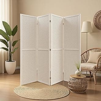 Room Divider 4 Panel 5.6FT Partition Room Dividers Freestanding Wooden Privacy Screen with Peg Board Display for Apartment and Office, Natural Wood