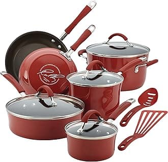 Rachael RayCucina Nonstick Cookware Pots and Pans Set, 12 Piece, Cranberry Red