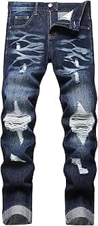 OIIIO Men's Ripped Slim Fit Straight Leg Jean Denim Pant