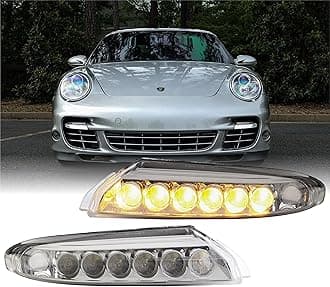 07-12 911 997 LED DRL Front Bumper Signal Lights Assembly Set (Left + Right) Compatible with 2007-2012 Porsche 911 997 Turbo GT2 Models (Amber White LED Switchback, Clear Lens, Plug and Play)