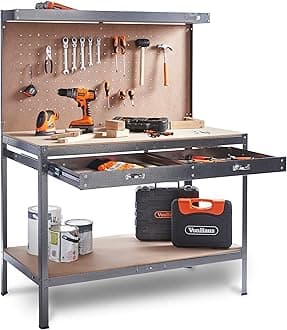 VonHaus Garage Work Bench with Pegboard - Metal and Wooden Workbenches - Suitable for Most Garage Equipment - Workbench Containing - Storage Drawer, Shelf and 20 Hooks - 230kg Capacity