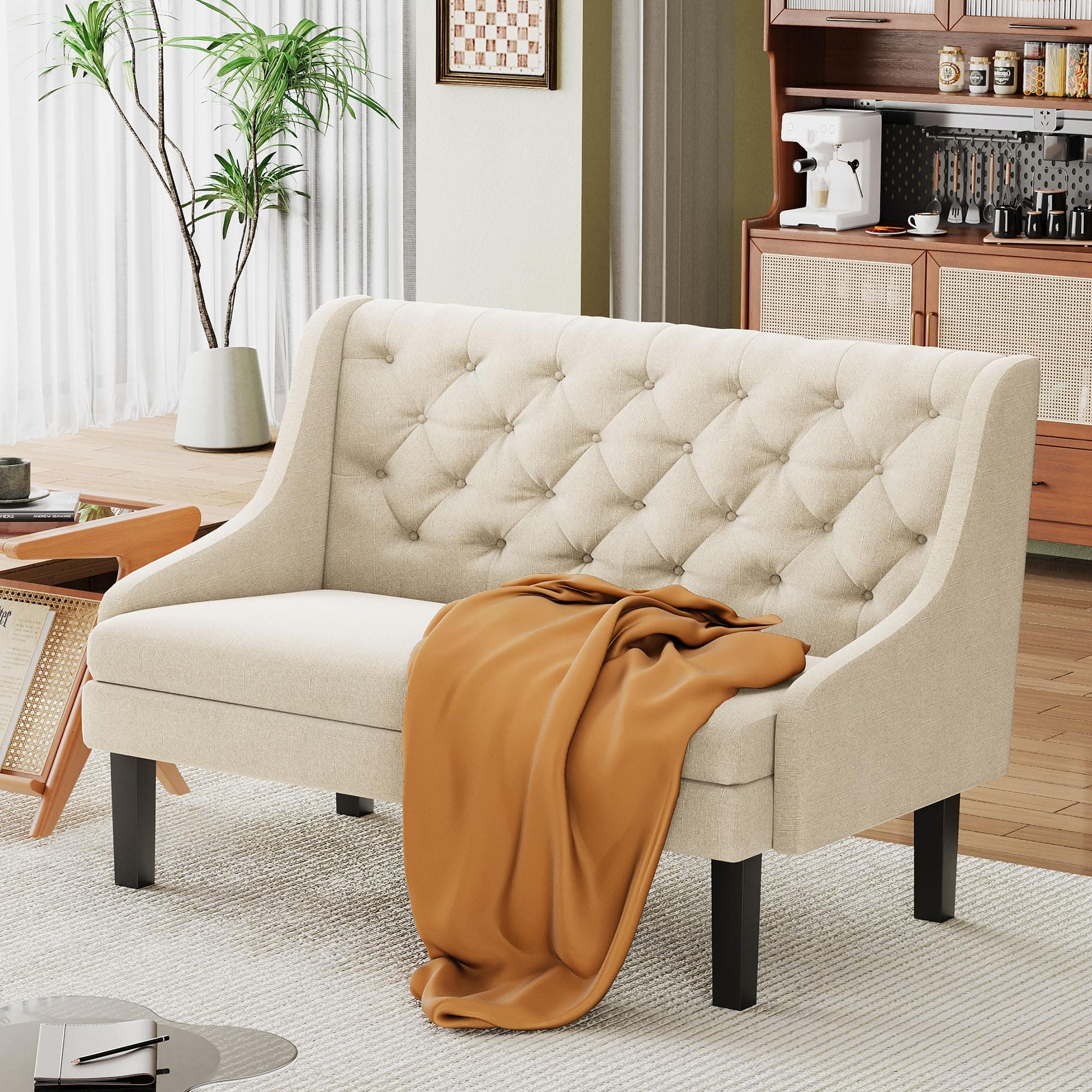 Andeworld Modern Tufted Button Back Upholstered Loveseat for Dining Room Hallway or Entryway Seating,Ivory