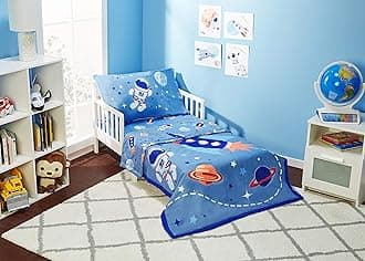 Everyday Kids 4 Piece Toddler Bedding Set - Outer Space Adventures - Includes Comforter, Flat Sheet, Fitted Sheet and Reversible Pillowcase