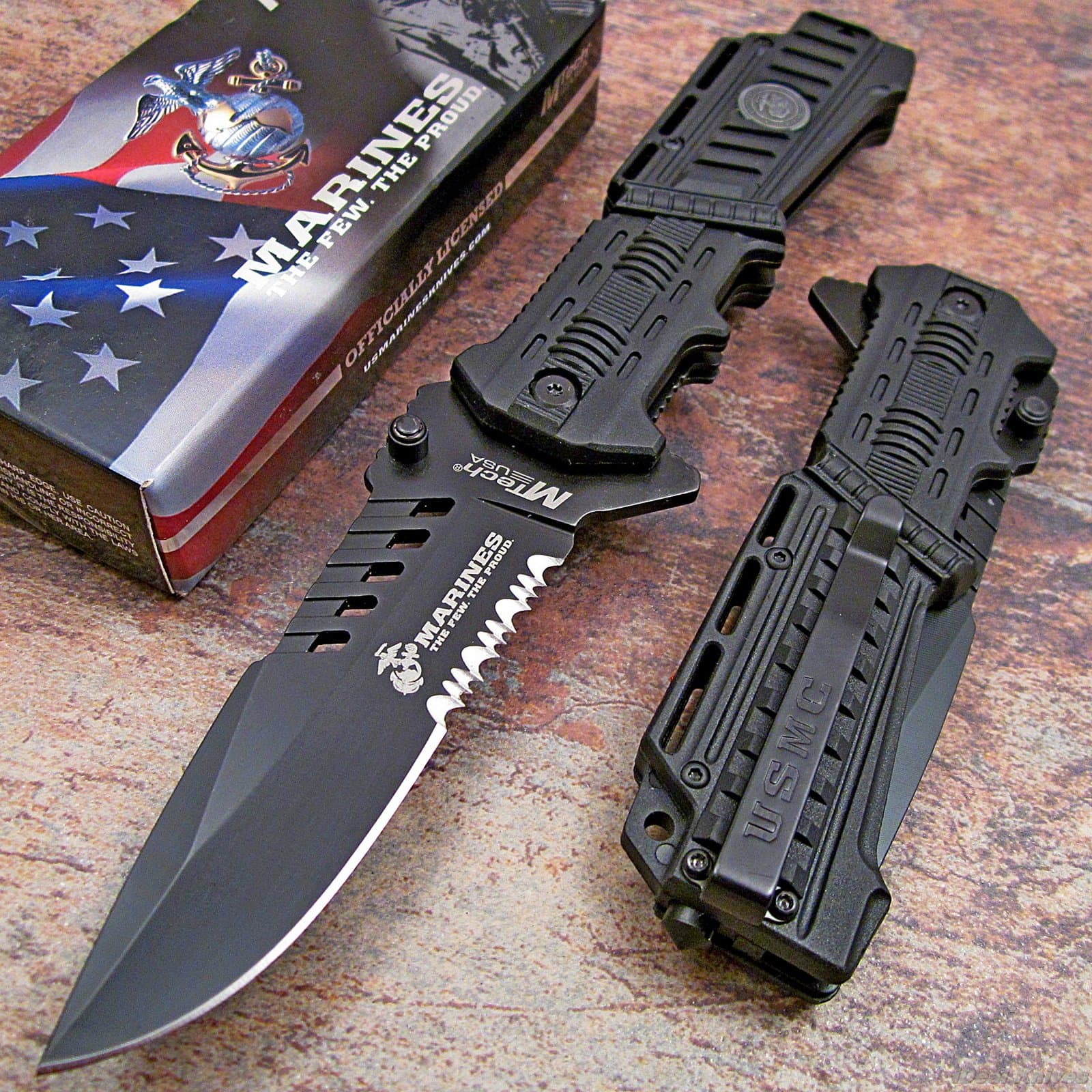 Marines Black Spring Assisted Opening Tactical Rescue Folding Pocket Knife