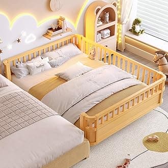 Bellemave Queen Size Montessori Bed with Fence and Slats, Queen Size Low Platform Bed Frame with Detachable Side Bed Rails and Rounded Corner Design, Easy Assemble Montessori Bed Natural