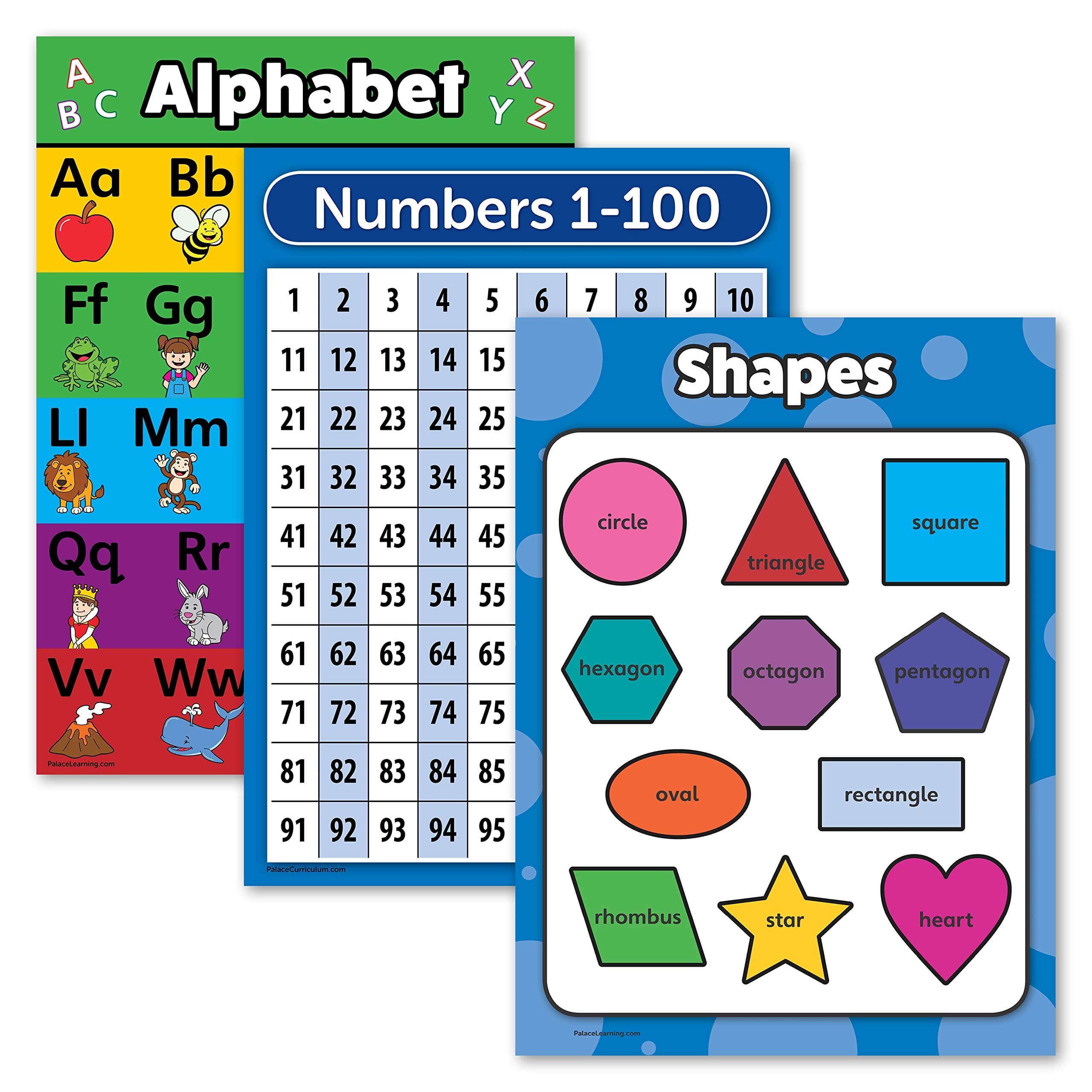 3 Pack - ABC Alphabet + Numbers 1-100 + Shapes Poster Set - Toddler Education Charts (LAMINATED, 18" x 24")