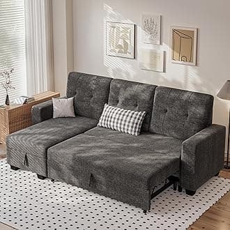 Homall Sleeper Sofa Bed, Couch with Pullout Bed and Reversible Storage Chaise, L Shaped Sofas for Apartment, Small Space (Linen Fabric, Dark Grey)