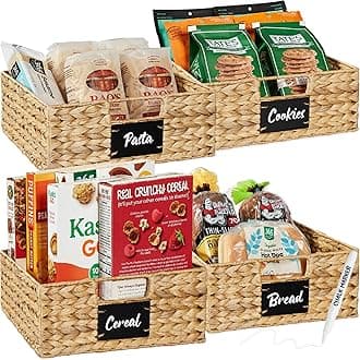 Best Choice Products Set of 4 13x12in Water Hyacinth Pantry Baskets, Woven Organizers w/Chalkboard Label, Chalk Marker - Natural