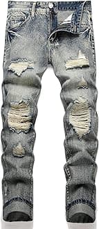 OIIIOMen's Ripped Slim Fit Straight Leg Jean Denim Pant