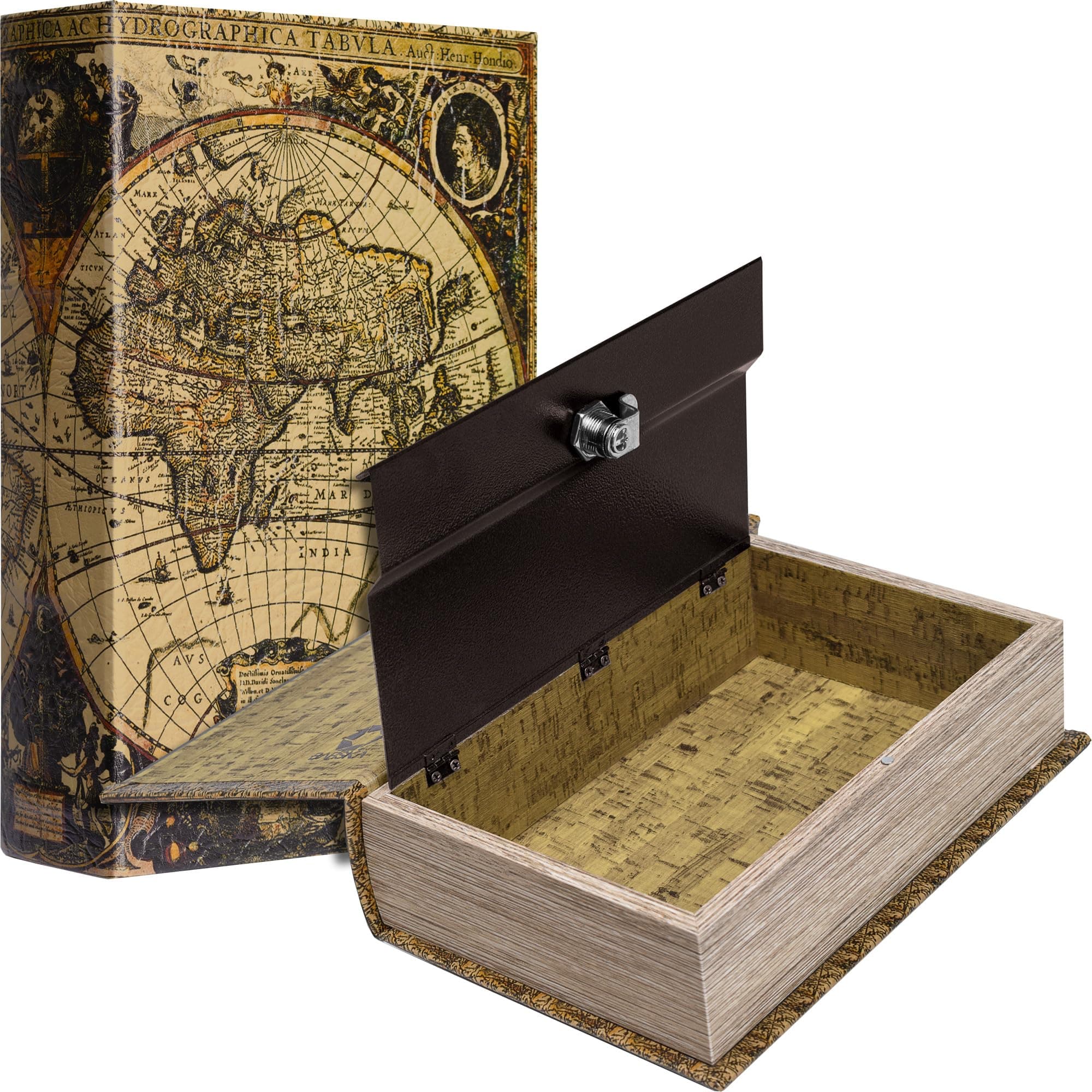 Antique Map Book Safe with Key Lock – Hidden Diversion Lock Box with Magnetic Closure – Concealed Steel Compartment for Cash, Jewelry, Valuables – Home or Office Security Hidden Book Safe