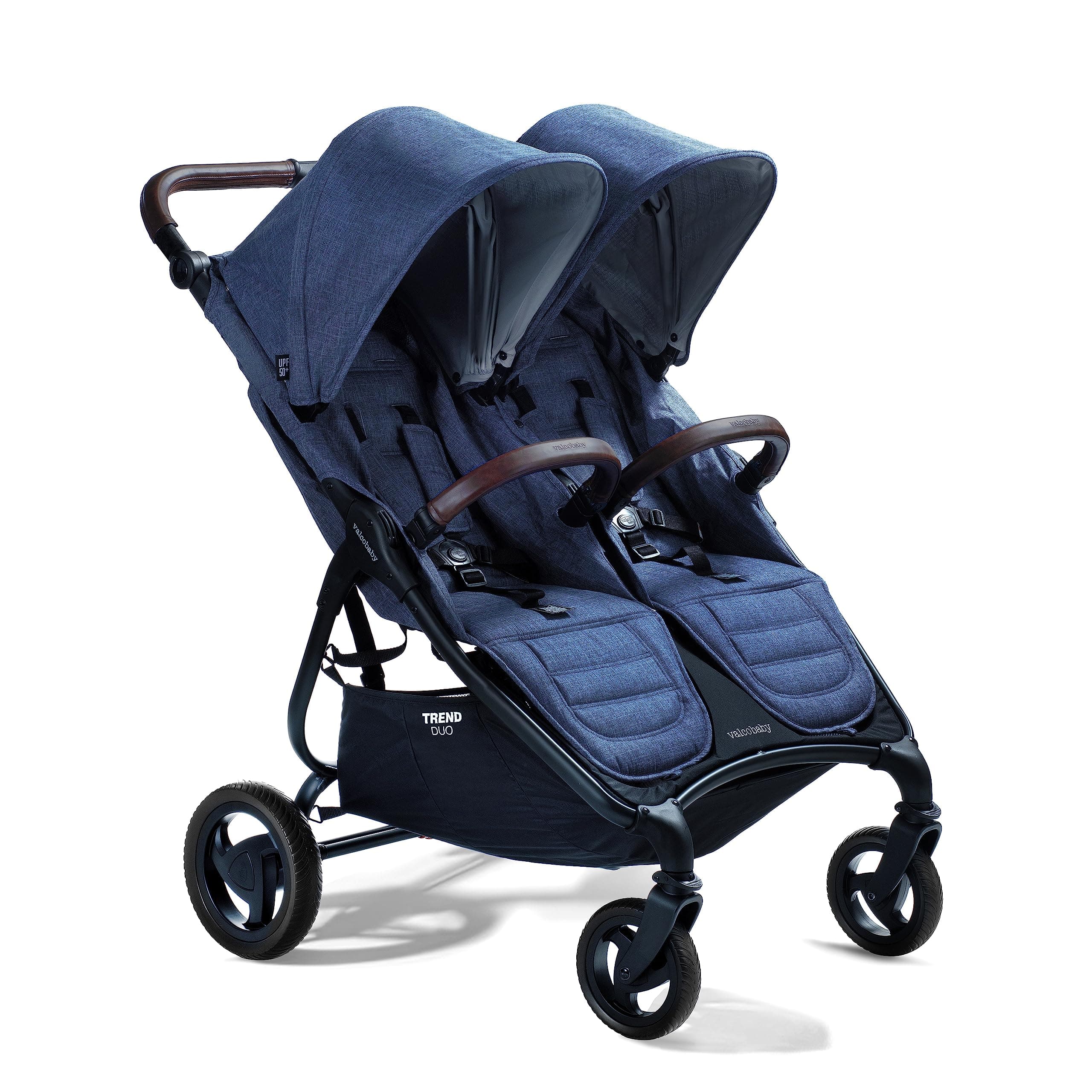 Valco Baby Trend Duo Light Weight Side by Side Double Stroller 2025 (Denim Blue) - Easy and Compact fold, Multi-Position Recline, Large Canopy, Independent Twin Vents and More - Luxurious Twin Pram