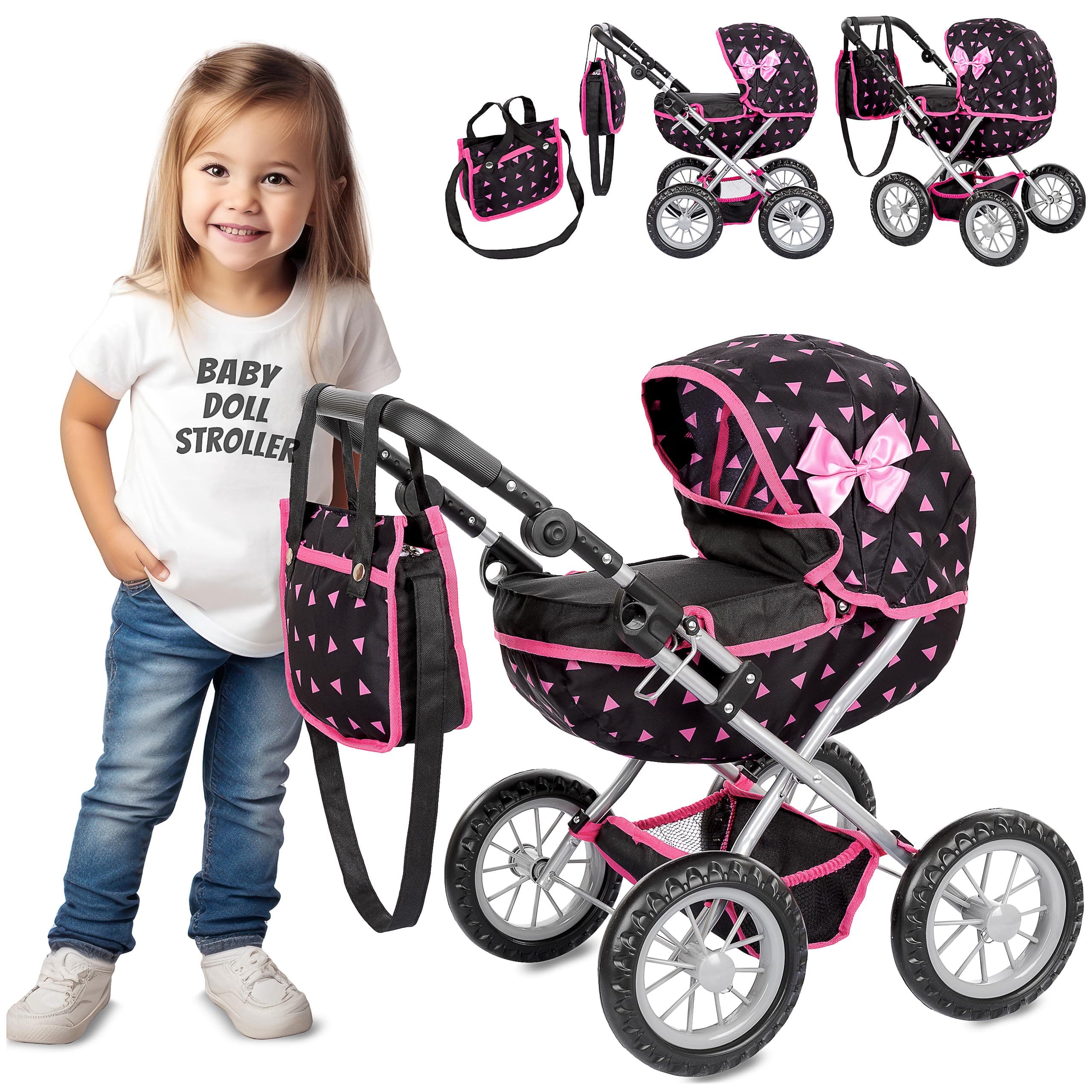 Adjustable Baby Doll Stroller Toy with Foldable Hood | Lightweight Design for Dolls Up to 16 Inches | Quiet Foam Wheels, Machine-Washable Bassinet Pram, Indoor and Outdoor Play, Model KP0262R