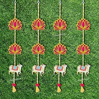 AUROMIN Lotus with Pichwai Cow for Home Decoration | Floral Wall Hanging for Wall, Home Decor Item | Diwali, Side Door, Main Door Entrance, Temple/Mandir, Backdrop Decoration Items