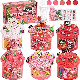 6 Packs Red Classroom Slime Kit - Cloud, Butter & Clear Slime, Crunchy With 8 Add-ins, Kits for Girls & Boys Party Bag Fillers, 360ml Kids Back to School Supplies Gifts