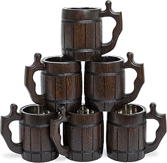 Handmade Beer Mug Set of 6 Wood Natural Stainless Steel Cup Men Gift Eco-Friendly Barrel Souvenir Round Brown