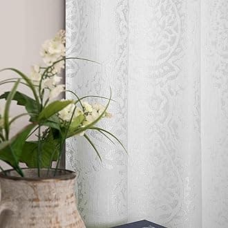 Mrs.Naturall Off White Damask Moroccan Pattern 3D Jacquard Embossed Embroidered Curtains 96 Inch Length for Living Room Bedroom 2 Panels Set,Ivory