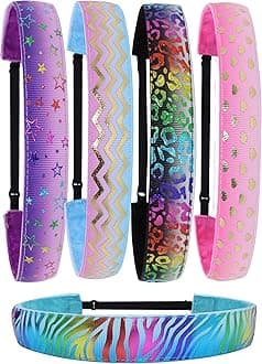 FROG SAC 5 Metallic Non Slip Headbands for Girls, Adjustable No Slip Stretch Elastic Headband for Kids, Cute Little Girl Hair Accessories, Stars Zebra Cheetah Hearts Waves Hair Bands