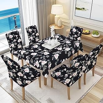 BRIDA® Polyester Spandex Stretchable Floral Geometric Printed Dining Chair Covers Elastic Chair Seat Case Protector, Slipcovers (6 Seater Table Cover + 6 Chair Cover, Black Flowers)
