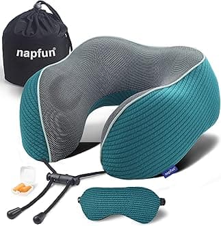 napfun Neck Pillow for Traveling, Upgraded Travel Neck Pillow for Airplane 100% Pure Memory Foam Travel Pillow for Flight Headrest Sleep, Portable Plane Accessories, Teal Striped Kit