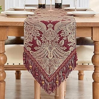 TOPLUXETable Runner with Tassels, Damask Table Runner for Dining Room/Restaurant/Banquet/Festival/Christmas Decoration (33x228cm, Red)