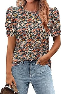 Blouse for Women Dressy Casual Puff Short Sleeve Boho Tops Fashion Floral Crew Neck Tunic Shirts Summer Clothes