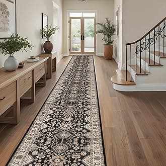 Long Hallway Runner Rug 3x25: Non Slip Runner Rugs with Rubber Backing Soft Kitchen Rug Farmhouse Distressed Carpet Runner for Living Room Bedroom Bathroom (Black, 3X25)