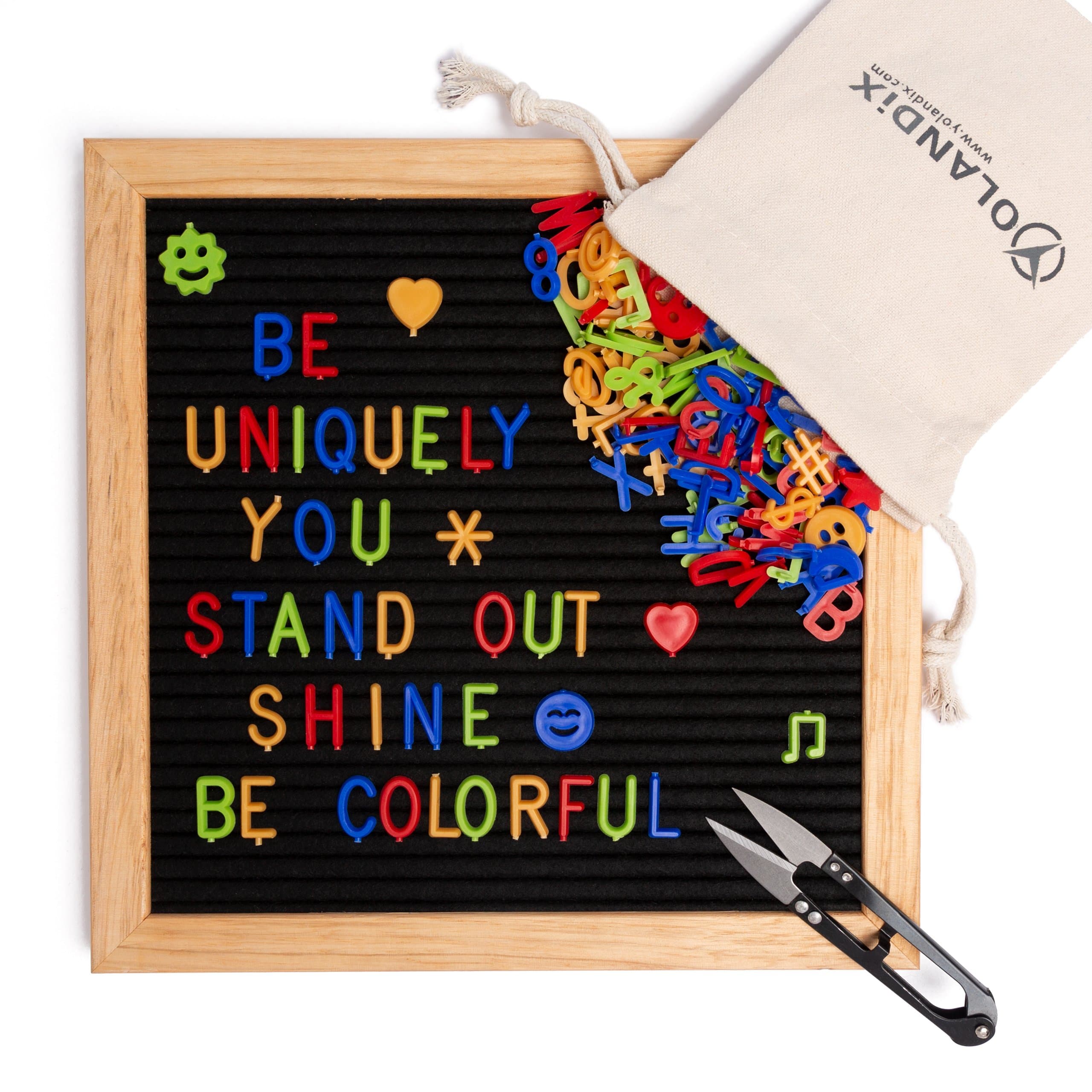 Letter Board - Black Felt Message Board | 340 Plastic White Letters & 170 Blue, Red, Green, Gold Letters (1020), Oak Wood Frame Letter Boards 10 x 10 in.