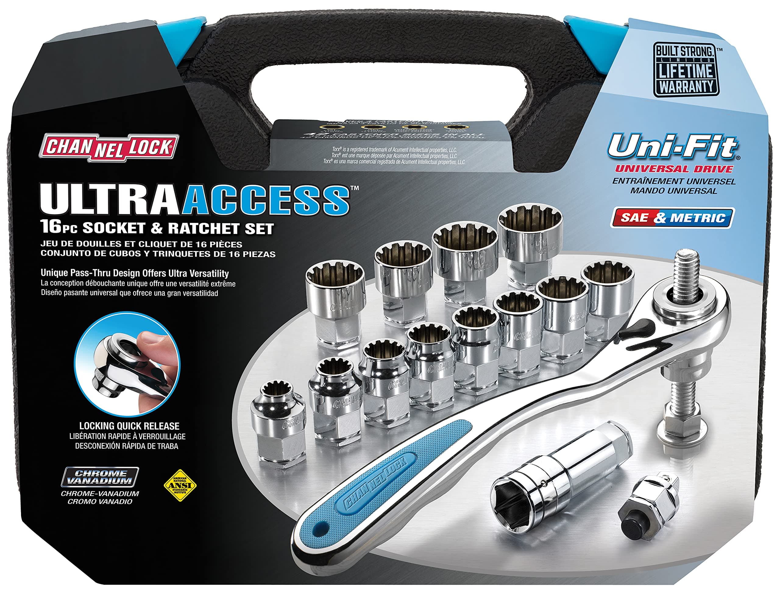 Channellock 39100 Ultra Access Socket Set, 16 Piece, Chrome/Nickel