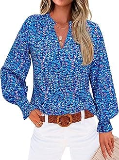 MASCOMODA Womens V Neck Floral Long Sleeve Tops 2025 Summer Casual Loose Puff Sleeve Chiffon Boho Work Blouse Dressy T Shirts