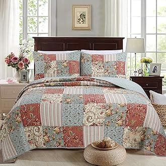 Cozy Line Home Fashions Eleanor Coral Teal Ivory Yellow Real Patchwork Floral 100% Cotton Reversible Coverlet, Bedspread, Quilt Bedding Set (Coral/Teal, Queen - 3 Piece)