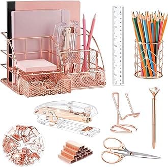 Rose Gold Desk Organizers and Accessories Office Supplies Set Stapler, Pen Holder, Phone Holder, Scissors, Pen, Ruler, 30 Paper Clips, 22 Binder Clip, 20 Tacks and 1000pcs Staples
