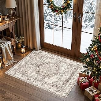 Washable 2x3 Entrance Area Rugs: Indoor Non-Slip Bathroom Mat Soft Stain Resistant Table Runners for Kitchen Laundry Dining Room Vintage Carpet for Entryway Foyer (Beige,2x3)